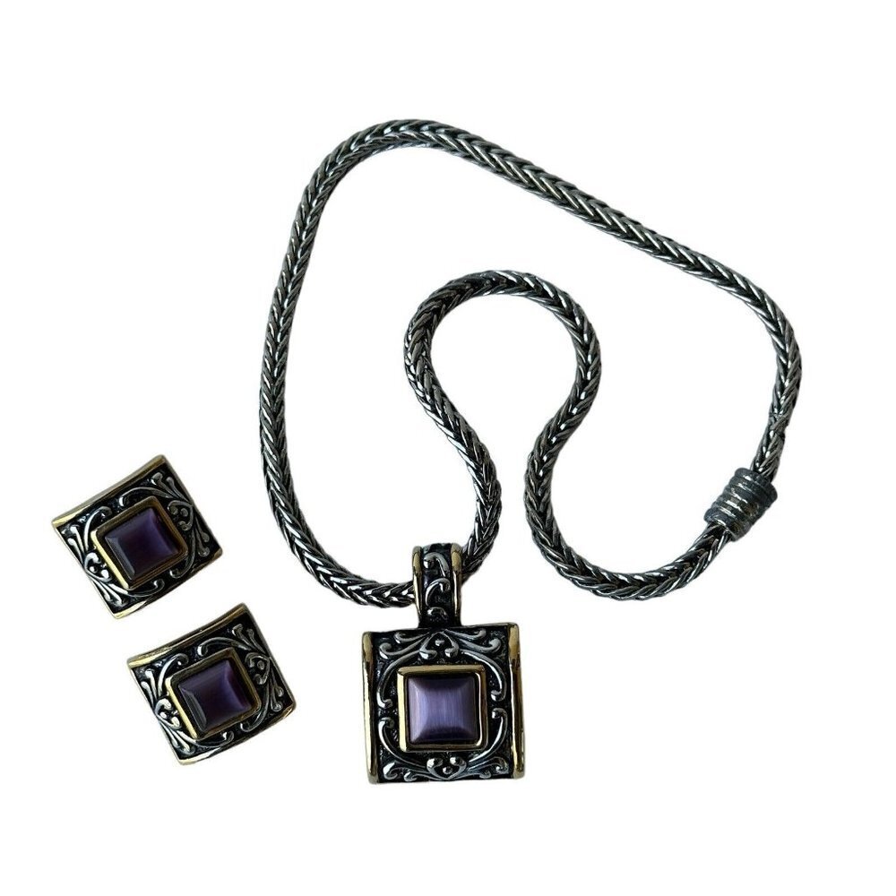 VTG Purple Optic Glass Silver Plated Pendant Necklace Matching Earrings 17"+